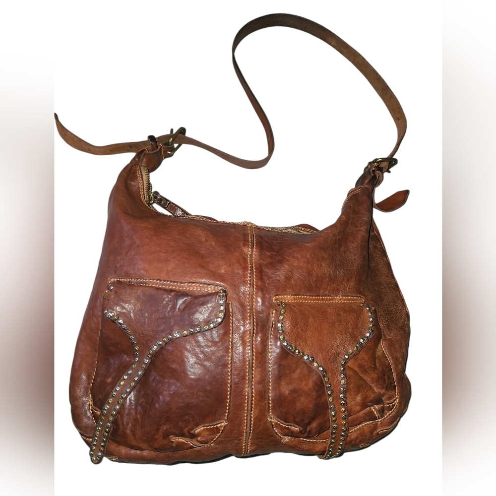 Campomaggi Large Brown Leather Satchel/Shoulder Bag With Studded Pockets